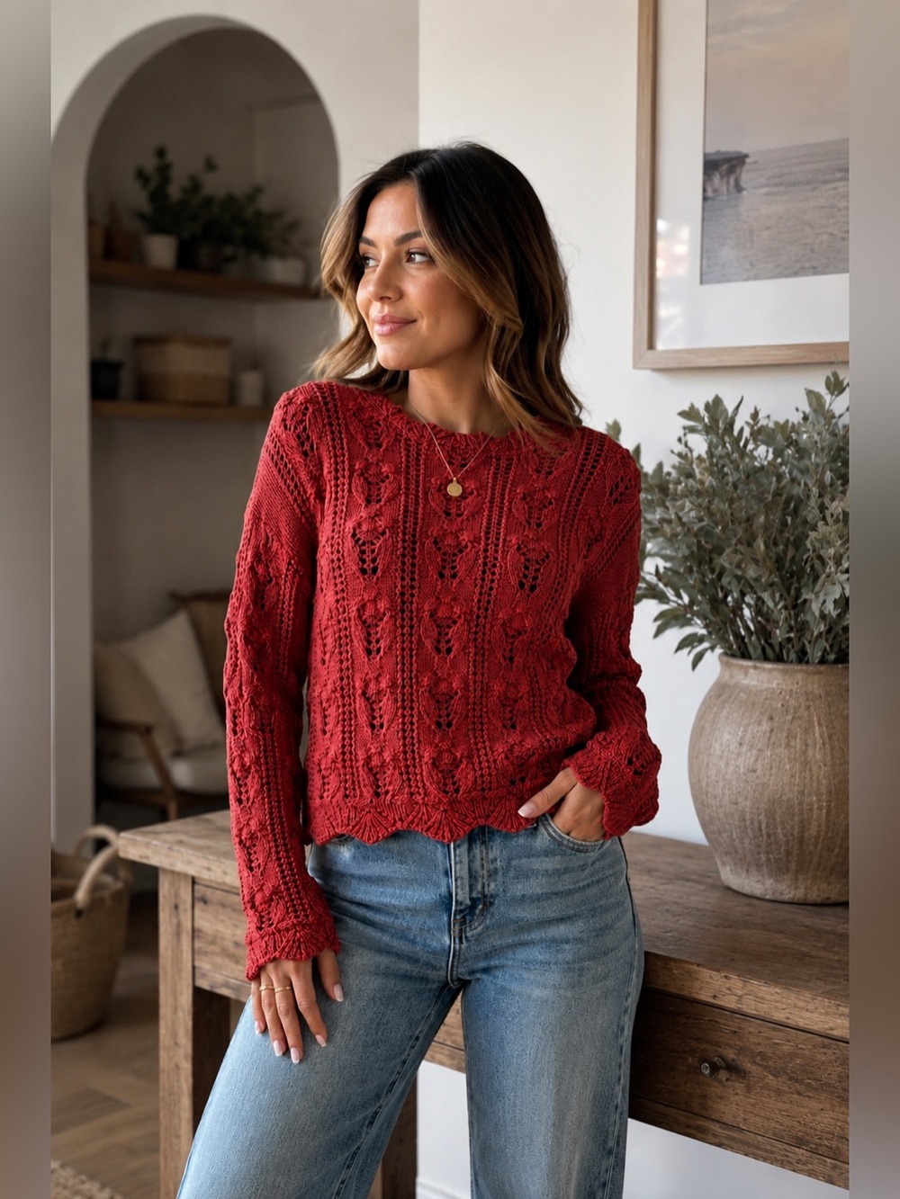 NAF NAF Paris Open Knit Sweater Women M Dark Red Scalloped Hem Boho Croche